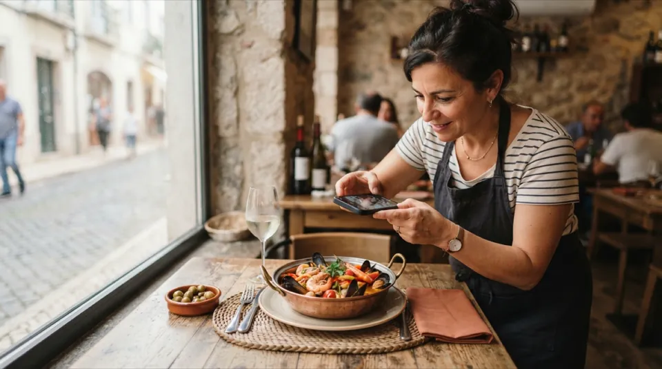 Dono de um restaurante a fotografar um prato com o telemóvel para o Perfil de Empresa no Google