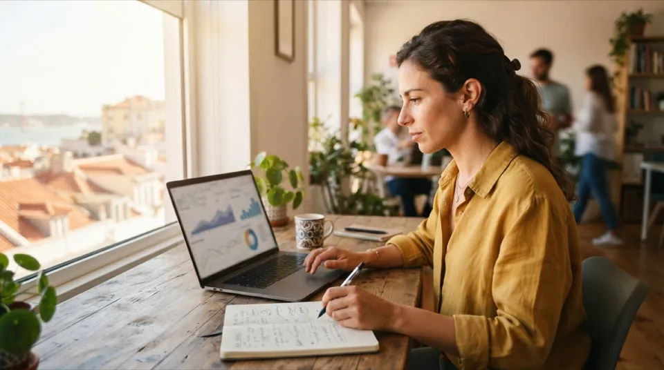 Especialista de marketing a analisar gráficos de tráfego do website no portátil numa secretária luminosa